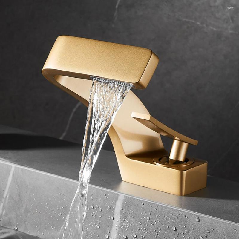 Tianview Brass Bathroom Sink Faucet: Gold Waterfall Basin Tap for Single-Hole Washbasin with Hot and Cold Water Control.