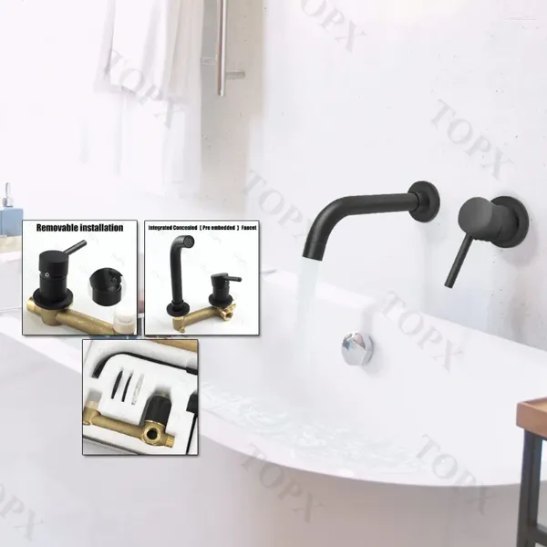 Robinets de lavabo de salle de bains TOPX Lavabo mural Robinet noir mat Baignoire froide et intégrée à poignée unique en laiton à double commande