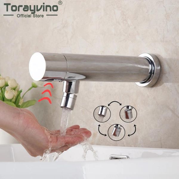 Grifos de lavabo de baño Torayvino Toque automático Sensor libre Cuenca de grifo cromado Polisco Medido Mural solo toque de agua fría