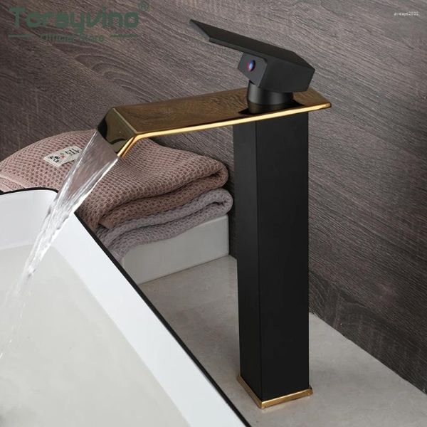 Robinets de lavabo de salle de bain Torayvino Black Gold Robinet Bascade Spout Pont de vanité montée Vanité et mélangeur froid Tap d'eau