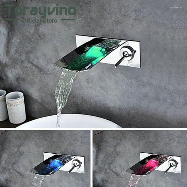 Robinets de lavabo de salle de bain Torayvino Chrome poli robinet LED mural cascade bec baignoire vanité navire mitigeur robinet d'eau