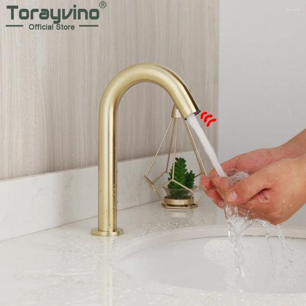 Robinets d'évier de salle de bain Torayvino Golden Nickel Automatic Touch Free Capteur Faucet Basin en laiton massif lait de lavabo