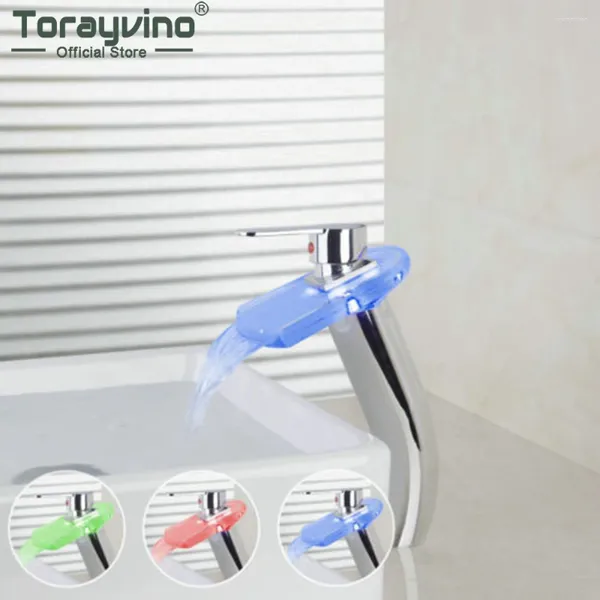 Rabinets de lavabo de salle de bain Torayvino LED Chrome Polied Faucet Verre cascade Basin bassin monte monotage monotage à poignée Faucey Mixer