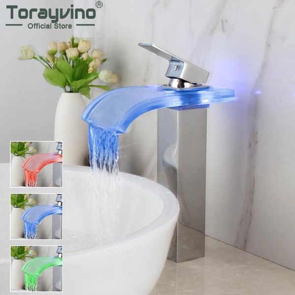 Robinets de lavabo de salle de bain Torayvino LED Robinet Chrome Pas besoin de batterie roman de bassin pont monté Torneira Bascade Spout Mixer