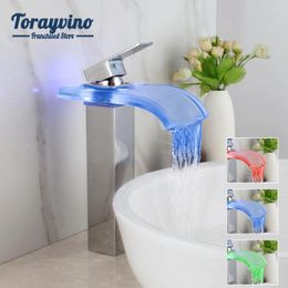 Robinets de lavabo de salle de bain Torayvino LED Waterfall Faucet Torneira Glass Brass Bassin Chrome Deck Mounted Mixer Wate Tap