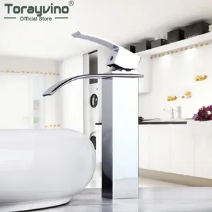 Rabinets de lavabo de salle de bain Torayvino Luxury Chrome Polied Faucet Basin Deck Mounted Waterfall Bathtub Basser lavabo Boucheur d'eau