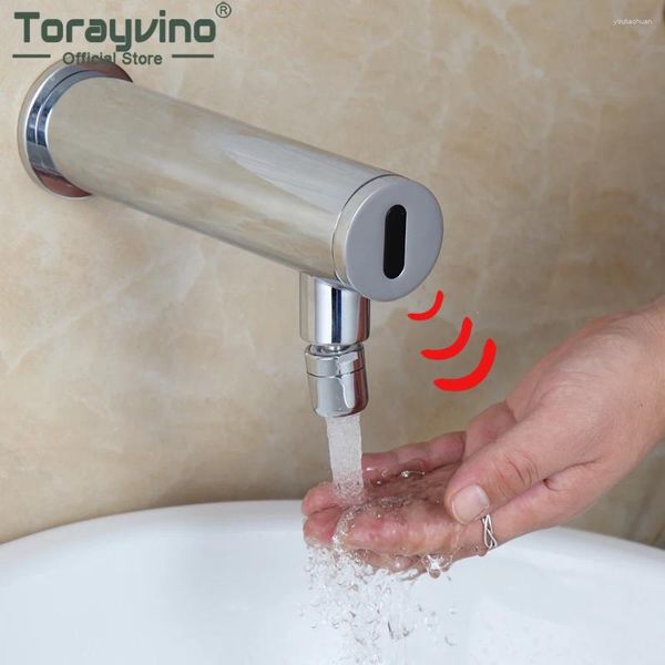 Grifos de lavabo de baño Torayvino Grifo de sensor pulido cromado de lujo Lavabo montado en la pared Automático Solo grifo de bañera de agua fría