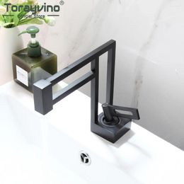 Robinets de lavabo de salle de bains Torayvino Robinet de lavabo noir mat monté sur le pont Design unique et mitigeur froid Robinet d'eau