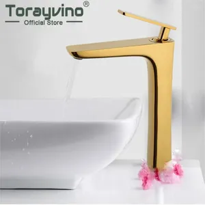 Grifos de lavabo de baño Torayvino alto lujo cascada de oro grifo de latón montado en cubierta de una sola manija lavabo grifo de agua mezclador