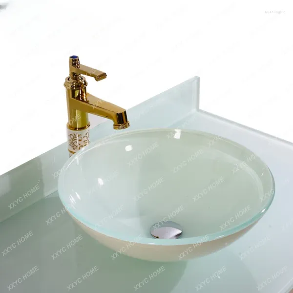 Grifos de lavabo de baño, mesa transparente, vidrio templado, lavabo redondo blanco