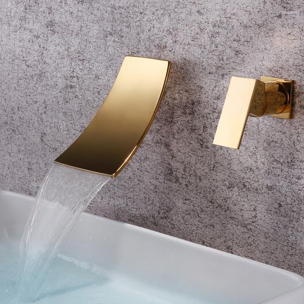 Robinets de lavabo de salle de bains Tuqiu Robinet de bassin Gold In-Wall Cascade noire et ensemble de mélangeur de robinet froid