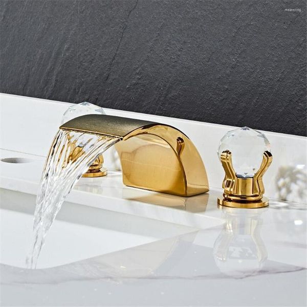 Grifos de lavabo de baño Tuqiu Grifo de lavabo negro Latón Oro Cristal generalizado 3 orificios y grifo de cascada fría