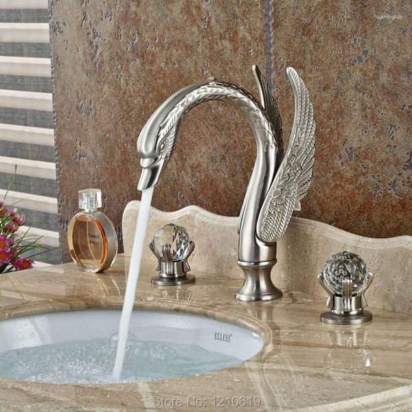 Grifos de lavabo de baño Uythner Ly, grifo de lavabo de estilo cisne de lujo, grifo mezclador cepillado de níquel, manijas de cristal