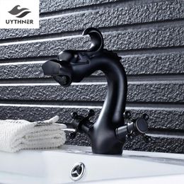 Robinets de lavabo de salle de bain uythner huile frottée bronze de type dragon de type robinet robinet robineur avec deux poignées