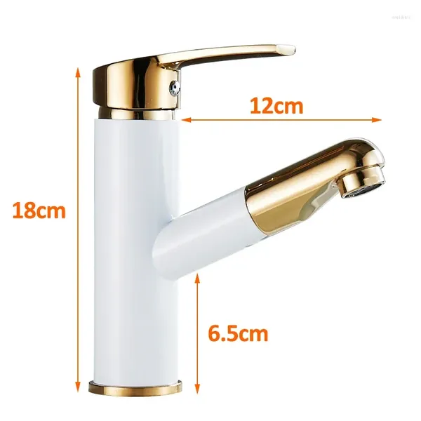 Grifos de lavabo de baño Vidric Basin Faucet Pintura blanca Golden Pull Out Spout Sola manija Mezclador Grifo Montado en cubierta