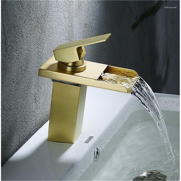 Robinets de lavabo de salle de bains Robinet de lavabo Vidric Brosse à levier unique Mélangeur de cascade d'or Robinet d'eau du robinet