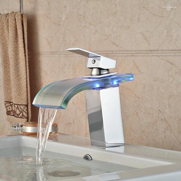 Grifos de lavabo de baño Vidric Montaje en cubierta Grifo de lavabo de cascada de vidrio ancho Mezclador de luz LED cuadrado de una sola manija Grifos de agua