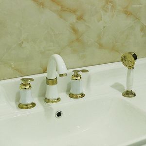 Robinets de lavabo de salle de bain Vidric Quatre ensembles de salles de bains Céramique Bronze Double Boutons Robinet 4 trous monté sur le pont Mitigeur froid