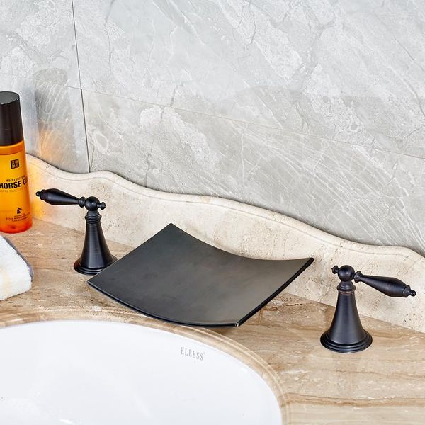 Grifos de lavabo de baño Vidric Luxury Cascada ancha Caño Mezclador de lavabo Dos manijas Lavabo negro generalizado