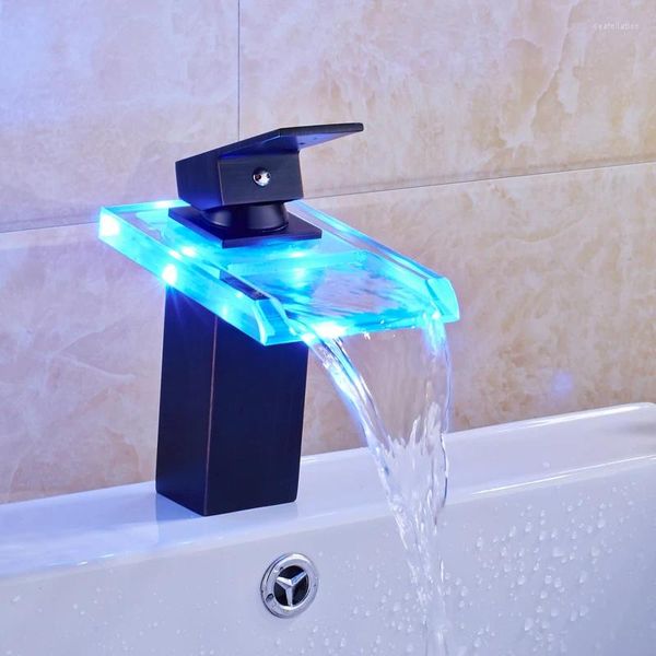 Grifos de lavabo de baño Vidric, bronce frotado con aceite, LED, cambio de color, grifo montado en cubierta, mezclador de lavabo de vidrio, grifo