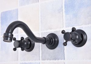 Badkamer wastafel kranen muurbevestiging zwarte olie gewreven bronzen bassin kraan wijdverspreide dual handgreep ijdelheid mixer tap lsf500