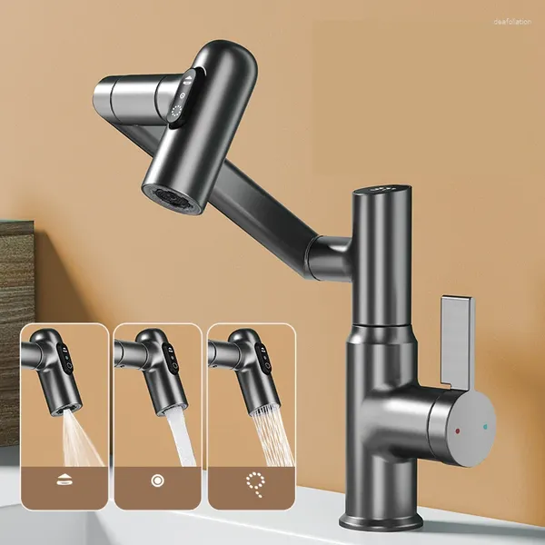 Robinets d'évier de salle de bains, lavabo noir or robinet de lavabo lumière de luxe robinet mitigeur rotatif affichage numérique multifonction