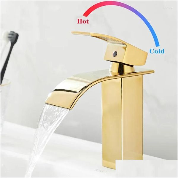 Grifos de lavabo de baño Cascada Cuenca Grifo Montado en cubierta Acero inoxidable Cepillado Oro Grifo Mezclador de agua fría Vanidad Buque Gota Deliv DH7LH