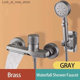 Wastafelkranen Waterval badkraan set handdouche wandmontage messing badkamer vulling waterval mondstuk koud en warm mixer Q240301