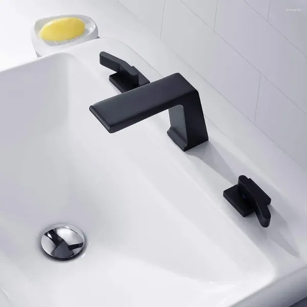 Robinets d'évier de salle de bains, cascade largement répandue, qualité supérieure, trois trous, deux poignées, mitigeur de lavabo d'eau froide, noir mat