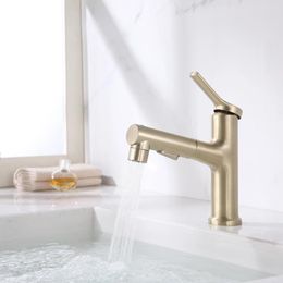 Grifos de lavabo de baño WDSI, lavabo extraíble de oro cepillado de cobre y grifo de agua fría, lavabo