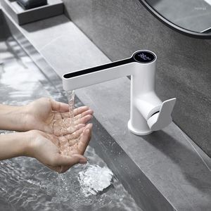 Grifos de lavabo de baño, grifo de lavabo de temperatura Digital LED inteligente de latón dorado, negro y blanco, accesorios de grifos de agua hidroeléctricos