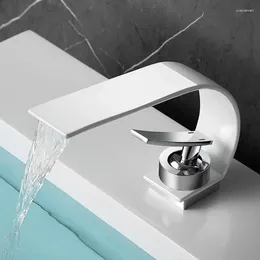 Robinets d'évier de salle de bains, cascade créative incurvée blanche, robinet froid et robinet pour laver le visage, lavabo en acier inoxydable