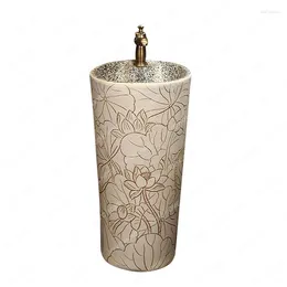 Robinets de lavabo de salle de bains Bassin sur pied sculpté en lotus blanc Type de sol intégré Lavage inter-plate-forme Balcon Lavabo à colonne en céramique