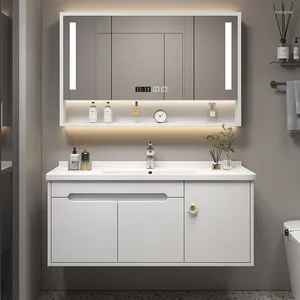 Grifos del fregadero del baño Gabinete de pintura blanca Moderno Minimalista Lavabo Cerámica Integrado Inteligente Lavado de cara Combinación de lavabo