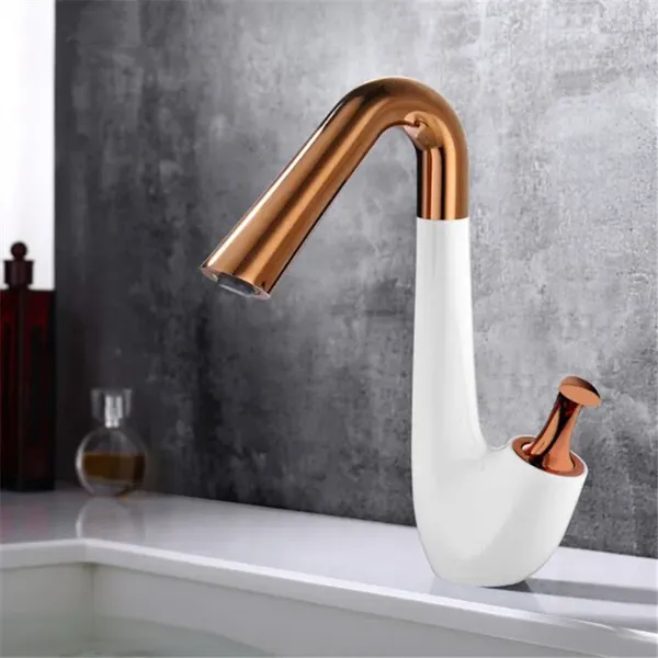 Grifos de lavabo de baño, lavabo con forma de cisne blanco, grifo mezclador de latón macizo, manija única fría, diseño único, negro, oro rosa/cromo