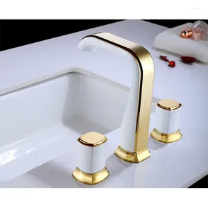 Robinets de lavabo de salle de bains, lavabo largement répandu, robinet mitigeur à trois trous en laiton, robinets d'eau froide et de 8 pouces, or noir