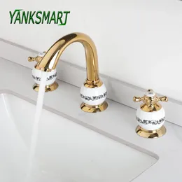 Robinets de lavabo de salle de bain Yanksmart 3 pcs robinet d'or avec poignées en marbre en céramique Bathtube de baignoire de baignoire à eau monte