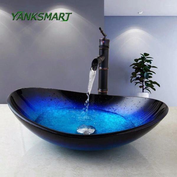 Grifos de lavabo de baño YANKSMART, lavabo de bambú, grifo negro, lavabo de vidrio templado, juego de latón pintado a mano, grifos mezcladores