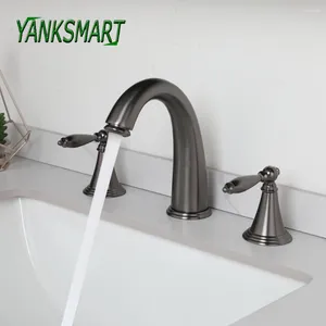 Robinets de lavabo de salle de bains Yanksmart robinet pistolet gris pont monté double poignées contrôle avec sortie de flux et mélangeur froid robinet d'eau combo kit