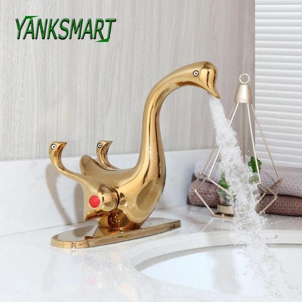 Robinets de lavabo de salle de bain Yanksmart Gold Polished Basin Robinet 2 Pandée Dolphin Dolphin Gemme répandu mélangeur