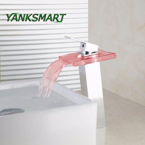 Grifos de lavabo de baño YANKSMART Luz LED Cascada Vidrio Cromo Alto 3 colores Grifo de lavabo montado en cubierta cuadrada Grifos mezcladores Torneira