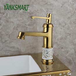 Robinets d'évier de salle de bains YANKSMART robinet de lavabo en céramique plaqué or de luxe, robinet mitigeur d'eau froide monté sur le pont à poignée unique