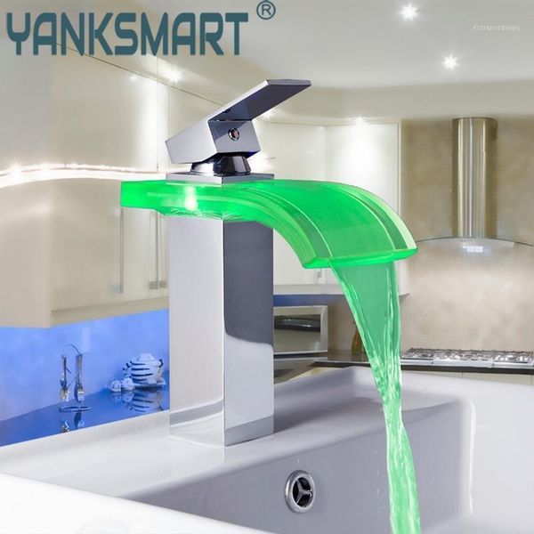 Robinets de lavabo de salle de bain YANKSMART mitigeur Bacia Torneira LED 3 couleurs cascade Chrome montage sur pont lavabo mitigeur Tap1