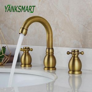 Badkamer wastafel kranen yanksmart stijl bassin kraan kraan antiek messing 3 gat set dek gemonteerd koude en water vintage mixer tap