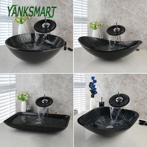 Robinets de lavabo de salle de bains Yanksmart Trempé Square Verre Lavabo Navire Stripe Blanc Noir Cascade Robinet Ensemble avec kit de vidange