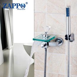 Robinets d'évier de salle de bains Zappo Kits de robinets de douche en verre Cascade et mélangeur d'eau froide Baignoire avec ensembles de têtes à main