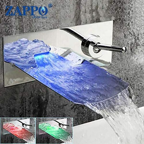 Robinets de lavabo de salle de bains Zappo LED RGB Cascade Vanity Vasque Robinet mural en laiton massif Bain d'eau froide Chrome