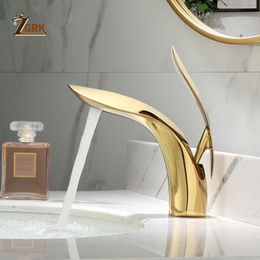 Grifos de lavabo de baño Grifos de lavabo ZGRK Grifo de baño elegante y grifo mezclador de lavabo de agua fría Acabado dorado Grifo de agua de lavabo de latón blanco 230311