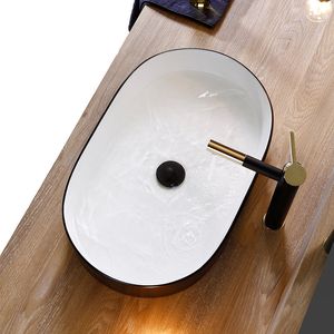 Éviers de salle de bain Matte noir blanc conception ovale lavage bassin bol navire en céramique avec drain de tuyau doux grande taille