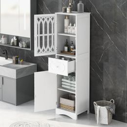 Lavabos de salle de bains, armoire haute de rangement autoportante avec tiroir et portes, panneau MDF, porte en acrylique, étagère réglable, blanc 231204